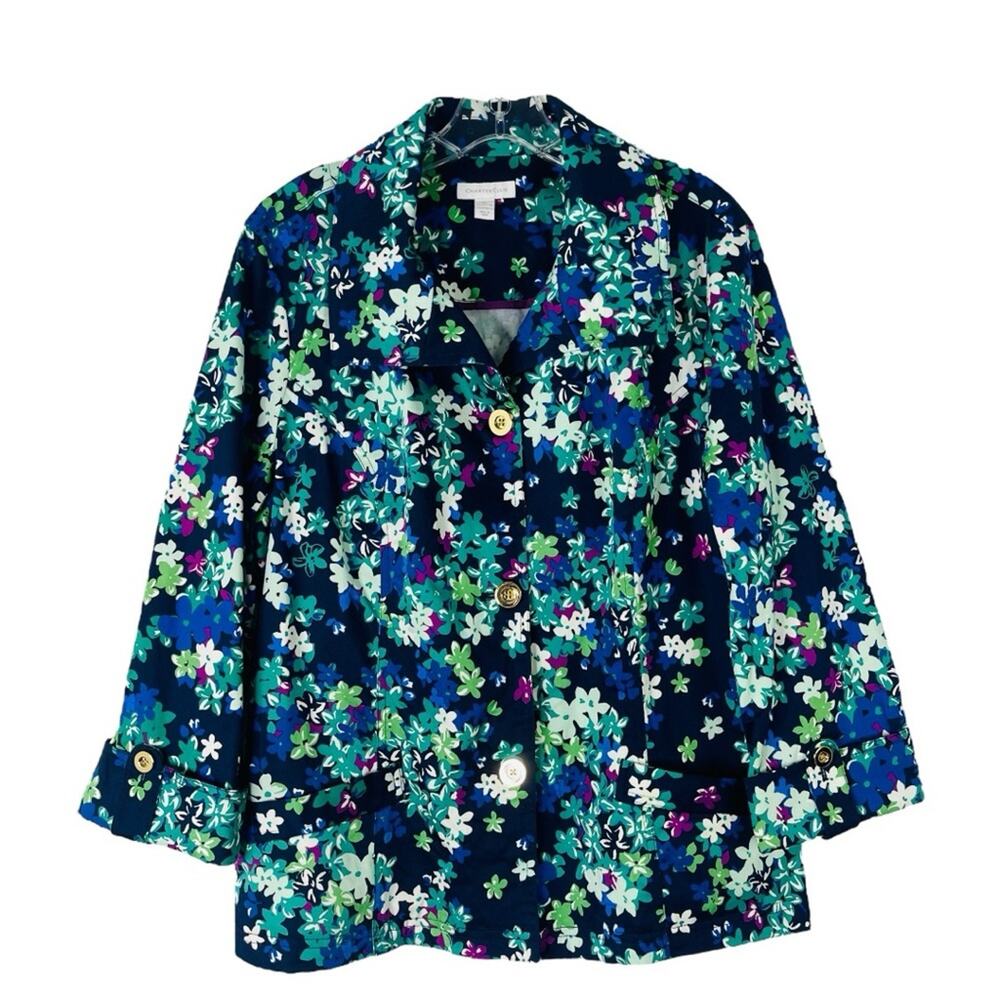 Charter Club blue green white floral button preppy cottagecore jacket XL